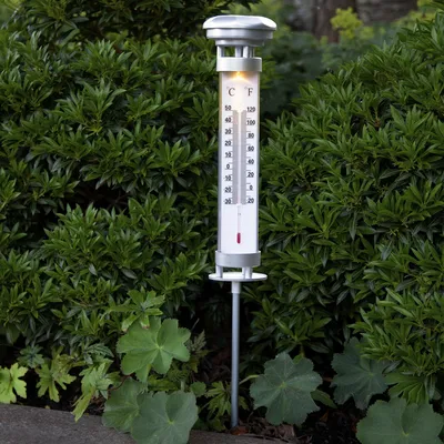 Produktbild von LED Solar Thermometer CELSIUS - warmweiße LED - H: 57,5cm - D: 9cm - Dämmerungssensor - silber