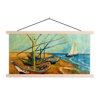 Produktbild von MuchoWow® Textilposter Fischerboote am Strand - Vincent van Gogh 120x60 cm mit holzfarbenen Rahmen - Klemmleiste