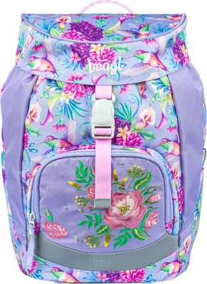 A front view of a children's backpack with a floral and hummingbird pattern.