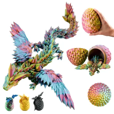 Zdjęcie produktu dla Smok w jajku ze skrzydłami 3D 20 cm, ruchoma figurka smoka, jajo 10 cm – Czerwono-żółto-zielony
