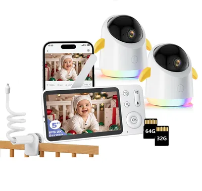 Obrázek produktu pro Dětská chůvička se 2 kamerami a APP 2K/5,0" WLAN chůvička s rozdělenou obrazovkou PTZ 360° 4x zoom IR/RGB noční vidění s držákem s 32G & 64G
