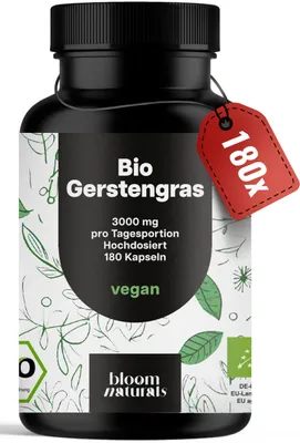 Produktbild von Bloom Naturals Gerstengras 180 Kapseln 3000 mg vegan