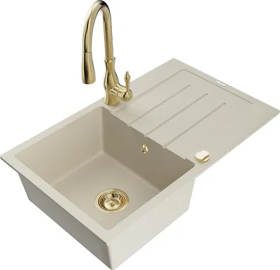 Immagine prodotto di Mexen Bruno lavello in granito 1 vasca con scolapiatti e rubinetto da cucina Savita, beige - 6513-69-672601-50