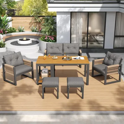 Image de Ensembles de meubles de jardin Flieks 6 pièces, ensemble de meubles de jardin avec table basse amovible, canapé de jardin avec chaise et tabouret, ensemble de meubles de balcon 6 personnes en corde, gris