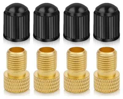 Produktbild von Ventiladapter für Fahrräder – Set bestehend aus 4 Messing-Ventiladaptern und 4 schwarzen Ventilkappen – Umwandlung von Presta-Ventilen in Schrader-Ventile – Fahrradventiladapter für Fahrräder, E-Bikes und E-Scooter