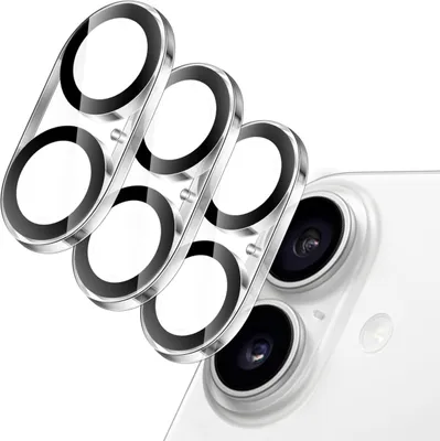 Three camera lens protectors are arranged diagonally in front of a white smartphone's camera lenses.