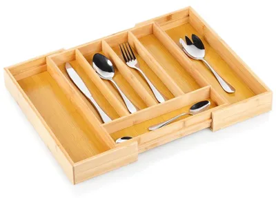 Obrázek produktu pro Organizér na příbory do zásuvky – výsuvná vložka na příbory – bambus – 28–45 x 33,5 cm – hnědá