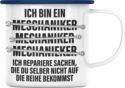 Produktbild von Trendation - KFZ Mechaniker Geschenk Lustig Emaille Tasse Automechaniker Werkstatt Emaille Tasse (Blau)
