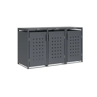 A three-bin trash receptacle unit made of metal with a perforated door design.