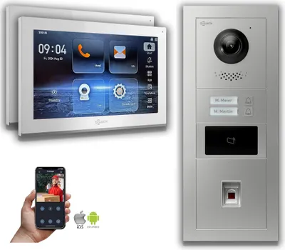 Produktbild von Goliath IP Video Türsprechanlage: 10-Zoll 2 Familienhaus, Fingerprint, RFID, Silber : 10 Zoll Weiß : 4er POE : Aufputz Dose Anschluss: 4er POE Monitor Farbe: 10 Zoll Weiß Montage: Aufputz Dose