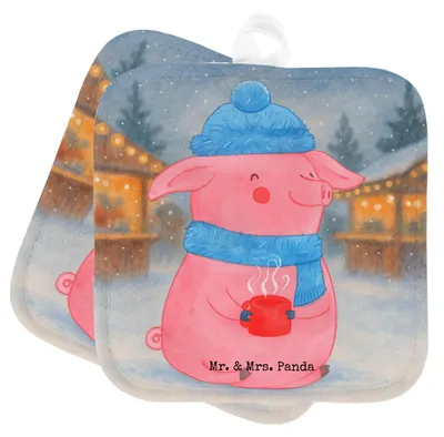 Produktbild von Mr. & Mrs. Panda 2er Set Topflappen  Schwein Glühwein Design - Weiß - Geschenk, topfhalter, Glühschwein, Kochlappen, Weihnachtsmarkt, Punsch, Weihnachten, Topfuntersetzer