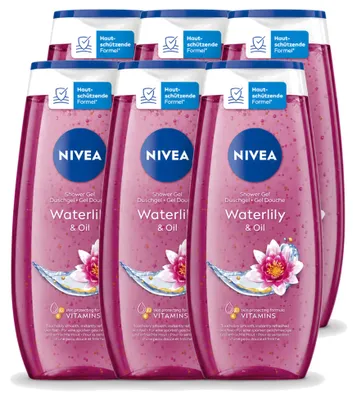 Imagen del producto de 6 unidades de gel de ducha Nivea, aroma a nenúfar y aceite, 250 ml cada uno. Paquete económico