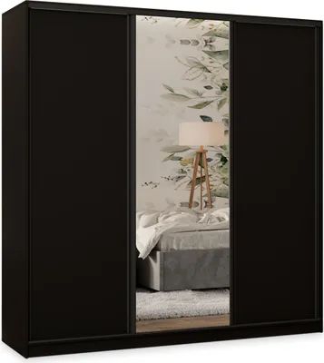 Produktbild von Masseno Schiebetürenschrank TARI 180/205/58 cm Kleiderschrank mit 4 Schubladen Schlafzimmer Schrank 3-türig mit Spiegel Schwarz