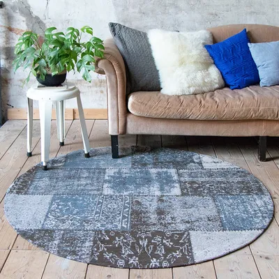 Produktbild von Volero - Teppich Patchwork Rund - Dreams Grau Blau - Ø 90 cm - Wohnzimmer, Esszimmer, Schlafzimmer - Klassik, Industrielle