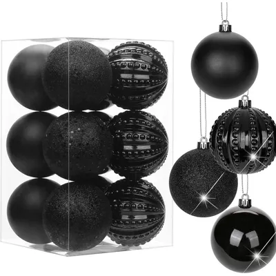 Productafbeelding van Kerstballen, 8 cm, zwart, breekvrij, 12 stuks, kerstdecoratie, kerstboomversiering