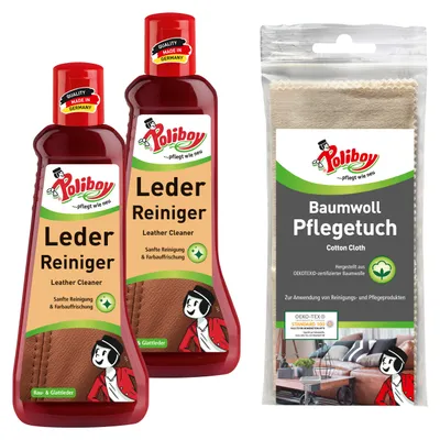 Produktbild von Poliboy 2er Leder Reiniger mit Baumwolltuch - für alle Lederarten, Kunstleder und Materialmix - extra langer Anlaufschutz - 2x200ml - 99A1901