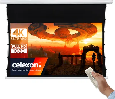 Produktbild von celexon basic Tension-Leinwand 90" | 200x113 cm 16:9 | elektrische Full-HD 4K Beamerleinwand mit Seilspannsystem für Heimkino und Büropräsentationen | Decken-/Wandmontage möglich | inkl. Fernbedienung