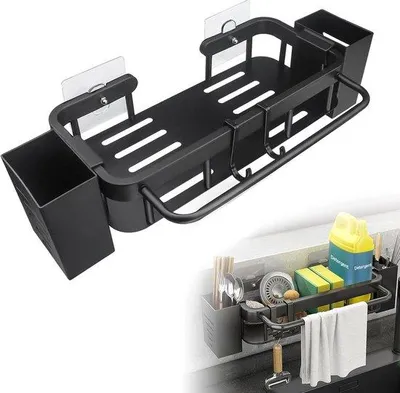 Immagine prodotto di Organizer da appendere per lavello in acciaio inossidabile con 2 strisce adesive - portaspugne da cucina con portacucchiai, portasciugamani e ganci, nero