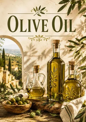 Produktbild von Olive Oil Poster DIN A2 – Mediterranes Küchenposter mit Olivenöl, Oliven & Zweigen, matt