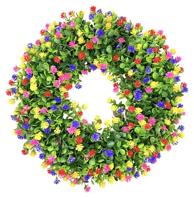 Produktbild von Wiederverwendbarer künstlicher Blumenkranz aus Eukalyptus, künstlichem Grün und bunten Blumen – ideal für Feiertage, Hochzeiten, als Dekoration für Haustür und Kaminsims.