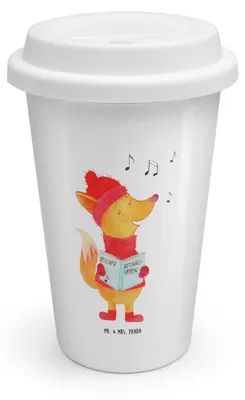Produktbild von Mr. & Mrs. Panda Thermobecher Fuchs Sänger - Weiß - Geschenk, Weihnachten, To Go, Winter, Singen, Weihnachtslieder, Mehrwegbecher, ToGo Kaffeebecher, Heiligabend