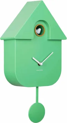 A green cuckoo clock shaped like a house with a pendulum and a small bird emerging from an opening.
