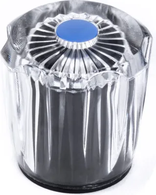 A close-up studio shot of a clear plastic faucet handle with a blue insert on top.