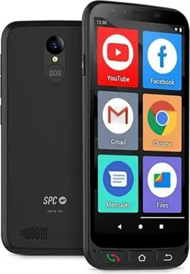 A black smartphone is shown from the front and back, displaying its interface with large icons.