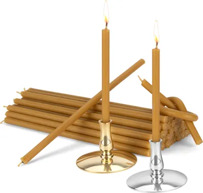 Produktbild von Set 2 Kerzenhalter + 200g Stabkerzen gelb Tropffrei L 18cm Bienenwachs 40102