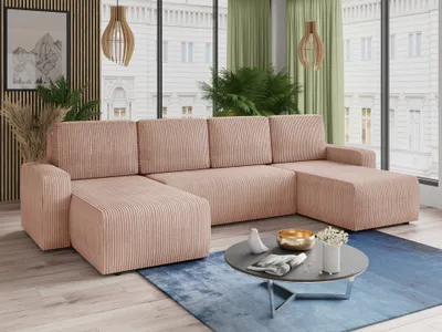 Produktbild von Wohnlandschaft mit Schlaffunktion Roma - U-Form Couch, Schlafsofa mit Bettkasten, Couchgranitur mit Bettfunktion, Big Sofa, Cord Stoff  (Pink (Poso 052))