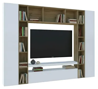 Produktbild von Wohnzimmermöbel Ddragon, Wohnzimmergarnitur TV-Möbel mit 3 Türen, Mehrzweck-Wohnmöbel, 100 %  Italy, cm 270x35h210, glänzendes Weiß und Eiche