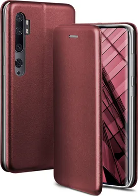 A burgundy flip case for a smartphone is shown, with the phone's screen visible through the partially opened case.