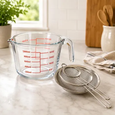Produktbild von Nudel-Zubereitungsset (2-teilig) – 3-teiliges Edelstahl-Sieb-Set & 1-Liter-Messbecher aus Glas