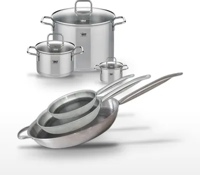 Image de Batterie de cuisine avec 2 poêles 24/28 cm et 3 faitouts 12/20/26 cm en inox et aluminium sans PFAS Elo Collection Relief Solution Citrin