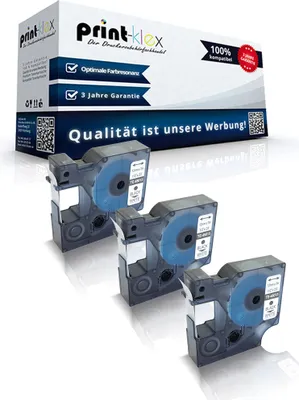 Three black label maker cartridges are arranged diagonally in front of a product box.