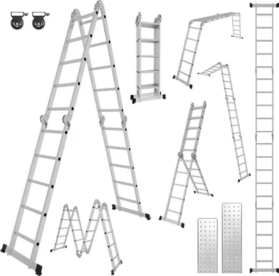 Produktbild von Jayseuw 6 v 1 rebrík Viacúčelový rebrík Hliníkový kĺbový rebrík Skladací rebrík 582 cm Multifunkčný rebrík Hliníkový rebrík s plošinou do 150 kg 4 X 5 stupňov Strieborná