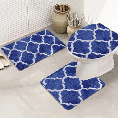 Image de Set de tapis de salle de bain, 3 pièces, antidérapant, motif géométrique, doux, à la mode, pour salle de bain, salon, décoration de la maison (bleu saphir)