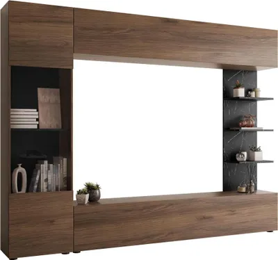 Produktbild von MIRJAN24 Wohnwand Lazando, Stilvoll Wohnzimmer-Set, Schrankwand, Praktisch Mediawand, TV-Schrank (Farbe: Nuss Warmia + Schwarz Marmor, ohne Beleuchtung)