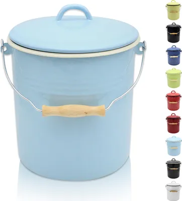A light blue enamel trash can with a wooden handle and a lid, displayed on a white background. Several other colored trash cans are shown in a vertical row to the right of the main product.