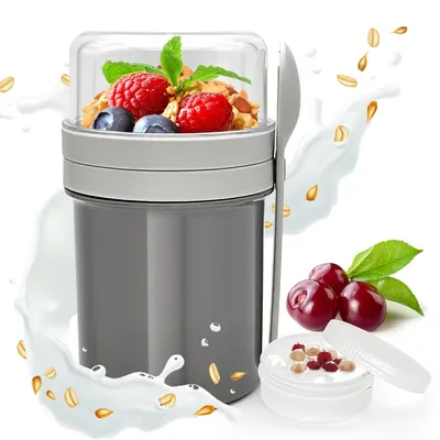 Produktbild von MüSlibecher to Go, Joghurtbecher to Go 450ml + 250ml, Joghurt to Go Becher mit Löffel, Müslibecher to Go für Müsli und Joghurt