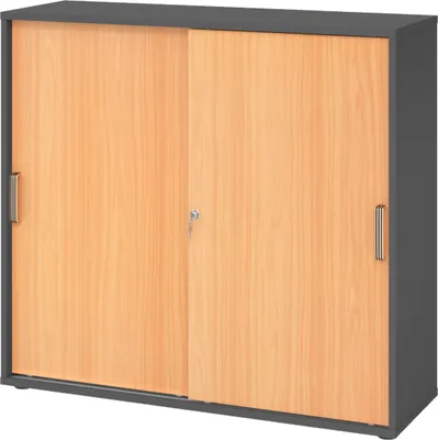 Produktbild von bümö Schiebetürenschrank office - 3 Ordnerhöhen - Griff: Streifengriff (Kunststoff), Nachbildung: Graphit/Buche