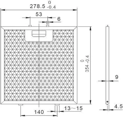 A technical drawing of a grease filter with dimensions.