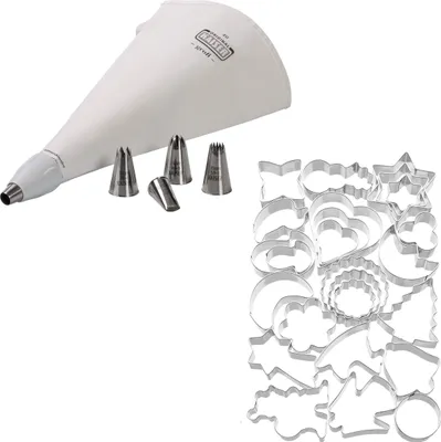 Produktbild von ORIGINAL KAISER | Spritzbeutel-Ausstecher Set | hochwertige Materialien | 5 Verschiedene Tüllen | wiederverwendbar | 25 Ausstechformen extra für Weihnachten | ideal zum garnieren von Plätzchen