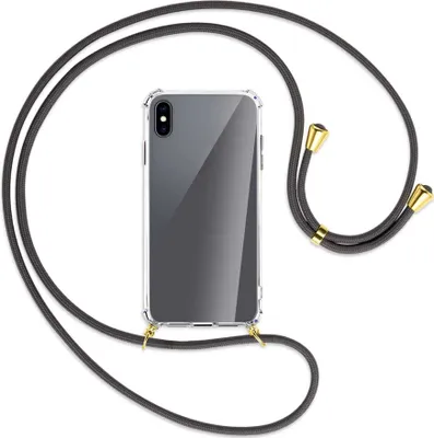Produktbild von Handykette Backcover-Schutzhülle mit Band (Metall goldfarben) für Apple iPhone XS Max - dunkelgrau
