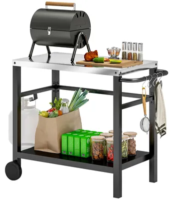 Produktbild von Outsunny Grillwagen 2-Etagen Servierwagen mit Arbeitsfläche Ablagen Haken Räder