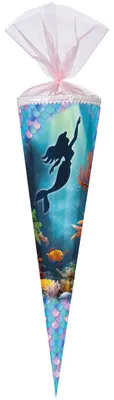 Produktbild von Nestler Schultüte 85cm 6-eckig Organzaverschluss mit Textilborte und Glitzer "Meerjungfrau"