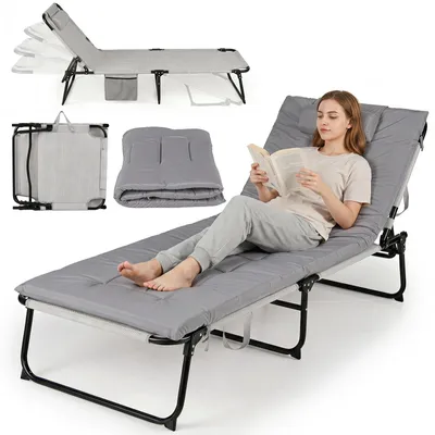 Produktbild von COSTWAY Sonnenliege klappbar, Liegestuhl mit Auflage, Seitentasche, Kopfstütze & verstellbarer Rückenlehne, Gartenliege Gästebett Campingbett Grau