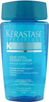 A bottle of Kérastase Specifique Bain Vital Dermo-Calm shampoo.