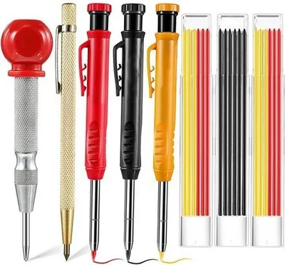 Produktbild von Set mit 8 soliden Zimmermannsbleistiften, Bleistift, Marker, Kreide mit Körner, Hartmetall-Anreißwerkzeug für Tieflochmarker