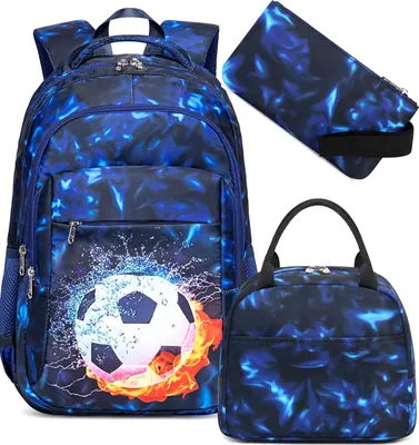 Produktbild von Schulrucksack für Jungen und Mädchen - 3-teiliges Set mit Brotdose und Federmäppchen - Blau